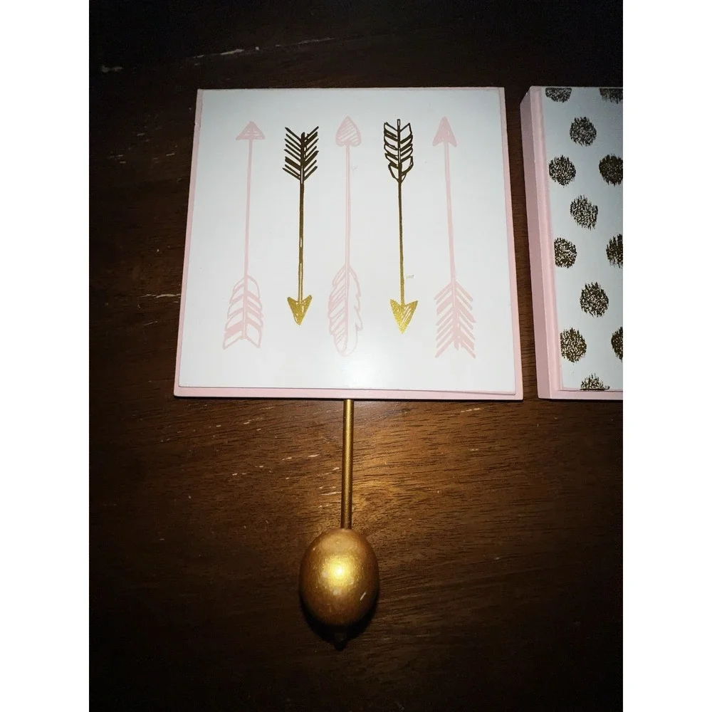 Boho‎ Gold Pink Wall Hooks Set of 2 Arrow Polka Dot 6x6 Coquette Decor EUC